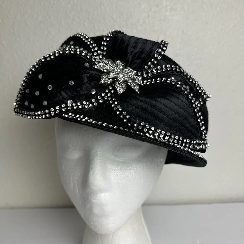 Satin Black Beret Cap Hat  w / Rhinestones